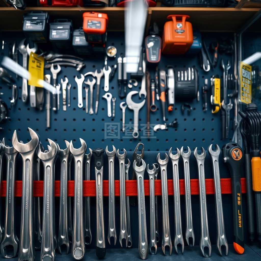 在工具商店的特写中展示有扳手的工具箱
